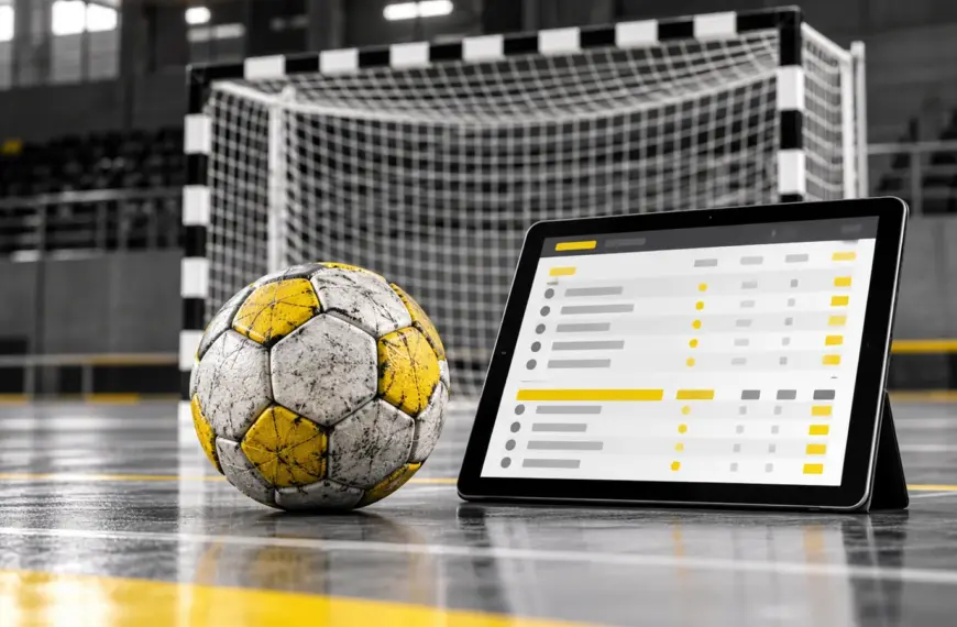 Handball und Tablet mit symbolischer Ergebnis- und Tabellenübersicht vor einem Handballtor