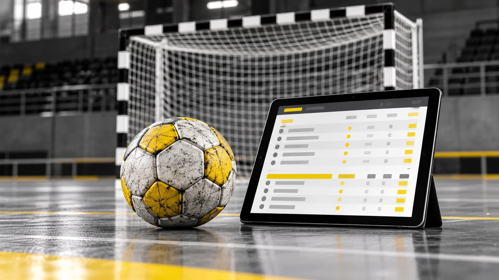 Handball und Tablet mit symbolischer Ergebnis- und Tabellenübersicht vor einem Handballtor