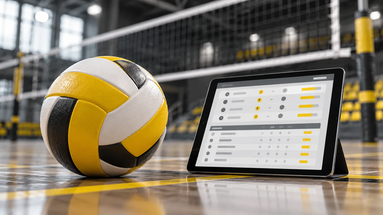 Volleyball und Tablet mit symbolischer Ergebnis- und Tabellenübersicht vor einem Volleyballnetz